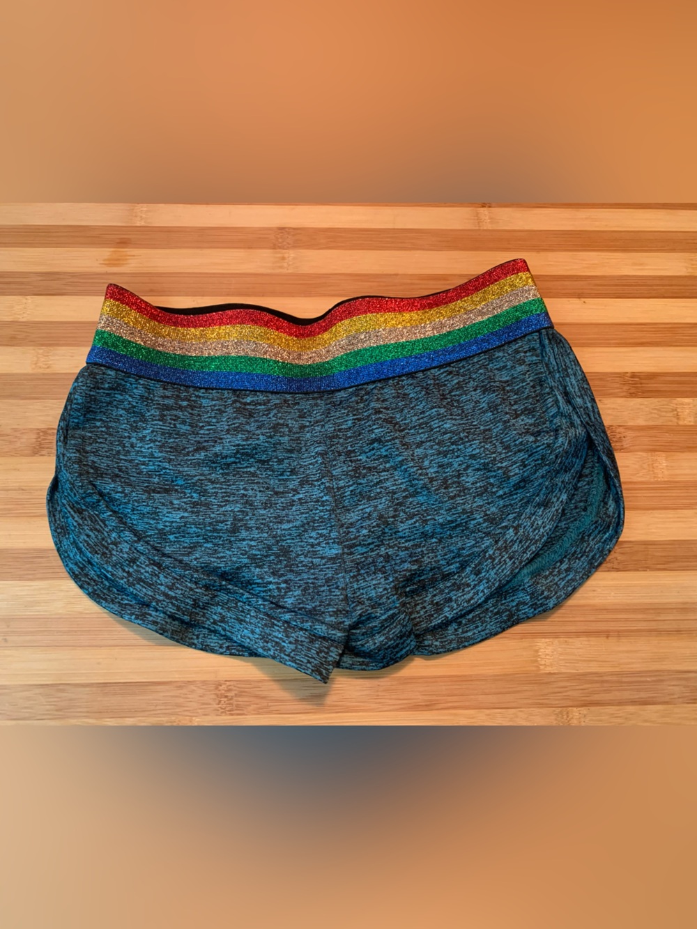 Blue Athletic Booty Shorts with Rainbow Glitter Stretch Waistband and Pockets